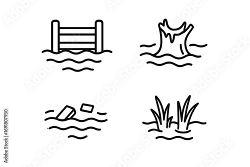Flood icon set. Natural disaster outline icons. Submerged fence, waterlogged tree stump, floating debris, swamp grass. Vector illustration for climate change, emergency.