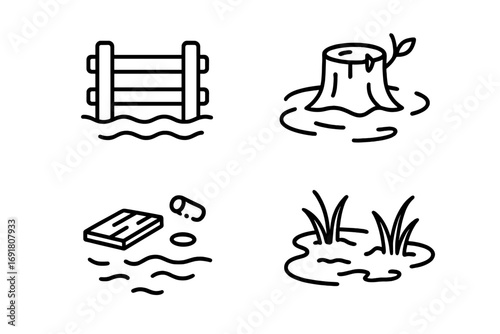 Vector outline icon set depicting a flooded area. Symbols for natural disaster, floodwater damage. Includes submerged fence, waterlogged tree stump, floating debris, swamp.