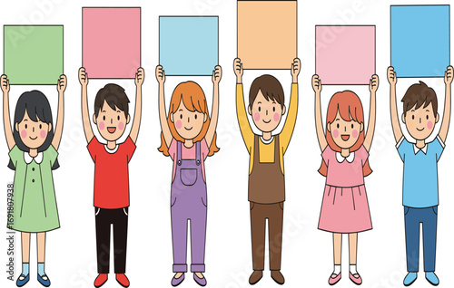 Cartoon children holding signs, colorful placards, cheerful kids, education concept, group activity, playful illustration, vector art, childhood learning, school design, teamwork, 
