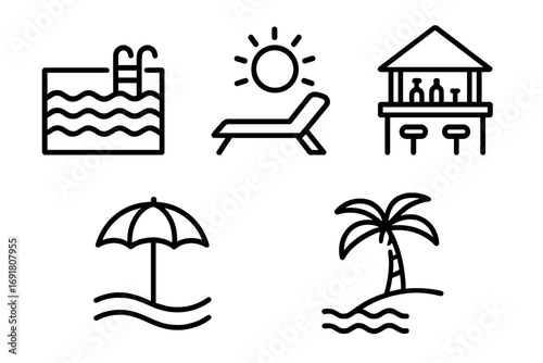 Luxury resort icon set. Outline icons for beach vacation, paradise, and summer travel. Includes infinity pool, sun lounger, swim-up bar, pool umbrella, and palm tree.