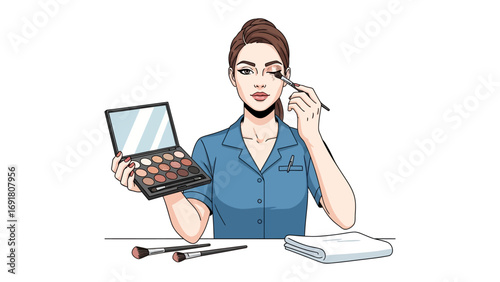 Young woman applying eyeshadow with a brush from a professional makeup palette looking in a compact mirror isolated on white background