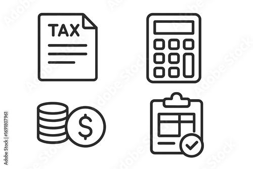Tax and finance icon set for accounting and business. Minimalist vector line icons including tax form, calculator, money coins, and financial report. Financial concepts.
