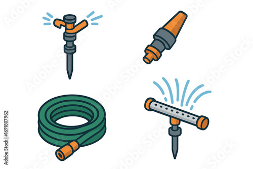 Garden irrigation icon set. Isometric vector illustration of watering equipment. Lawn care tools including sprinkler, adjustable nozzle, and hose for yard maintenance.