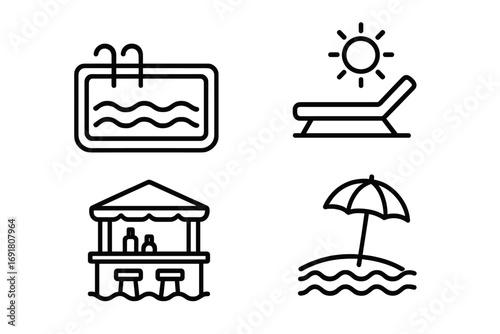 Luxury resort icon set. Outline icons of paradise vacation, infinity pool, sun lounger, swim up bar, beach umbrella. Summer travel and holiday vector symbols collection.