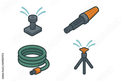 Garden irrigation equipment icon set. Isometric vector illustration of watering tools. Sprinkler head, adjustable nozzle, garden hose, and tripod sprinkler icons.