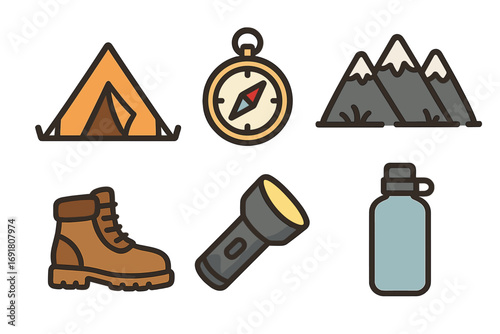 Camping and hiking equipment icon set. Essential gear for outdoor adventure. Vector collection of tent, compass, mountains, boot, flashlight, and water bottle symbols.