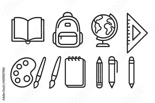 School supplies icon set. Back to school concept. Education and learning linear icons. Vector collection of book, backpack, globe, ruler, palette, pen and pencil symbols.