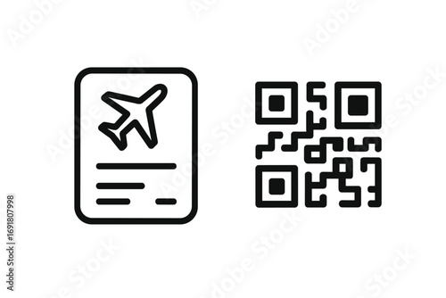 Boarding pass and QR code icon set. Minimalist vector illustration for travel concepts like digital flight tickets, mobile check-in, and airport scanning. Simple line art design.