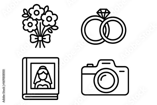 Wedding line icon set. Marriage ceremony symbols. Love celebration concept. Bride and groom elements. Vector graphic illustration. Rings, bouquet, photo album, camera.