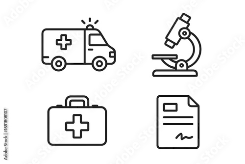 Medical and healthcare line icon set. Ambulance, microscope, first aid kit, and prescription symbols. Emergency, hospital services, and scientific research vector icons. Editable stroke.
