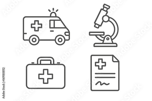 Medical and healthcare line icon set with ambulance, microscope, first aid kit, doctor prescription. Vector symbols for emergency, hospital, research, diagnosis. Editable stroke.