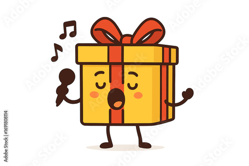 Cute gift box character singing karaoke. Funny present mascot holding microphone. Music notes. Celebration concept for birthday, holiday. Vector cartoon illustration icon.