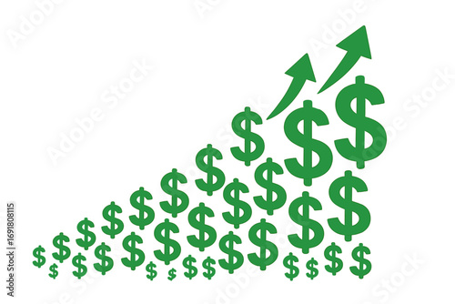 Financial growth concept vector. Green dollar signs arrow up. Business success, investment return, profit increase icon. Economy boost, wealth, salary and earning money.