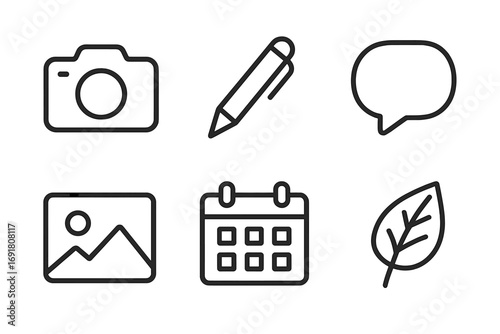 Set of essential line icons. Camera, pen, leaf, speech bubble, image, calendar. Vector pictograms for web, app, ui, ux design. Modern thin line symbols for business.