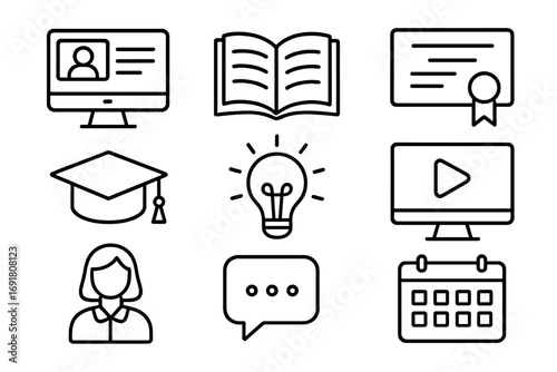 Online learning education icon set. Computer monitor, book, diploma certificate, graduation cap, idea light bulb, e-learning, student profile, chat bubble, calendar. Line style vector illustration.