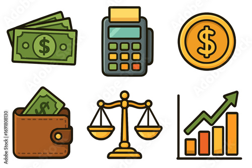 Finance icons money, payment, currency, wallet, scale, chart symbols. Vector cartoon illustration of economy, business, banking, investment, budget, and profit.
