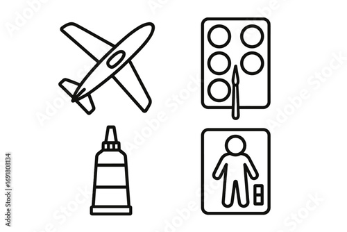 Model building and collectibles outline icon set. Vector icons for hobby and craft projects. Includes scale model airplane, paint palette, glue tube, and collectible action figure.