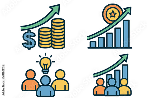 Business growth strategy icons. Financial success, profit chart, money investment. Teamwork, innovation idea. Corporate development symbol set for data visualization and infographics.