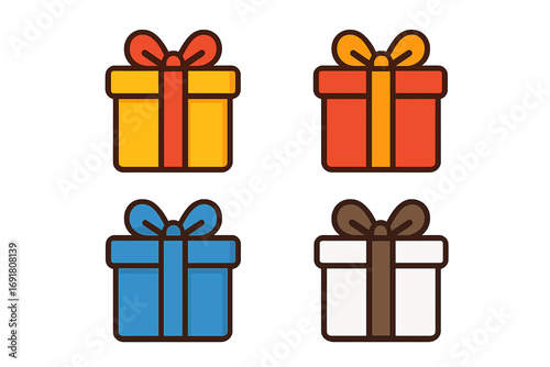 Gift box present icon set. Colorful flat style vector cartoon illustration. Holiday celebration surprise for Christmas, birthday, or anniversary. Isolated graphic element.