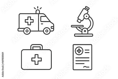 Medical icon set with editable stroke. Ambulance car, microscope, first aid case, prescription. Healthcare, hospital, emergency and science thin line vector symbols.
