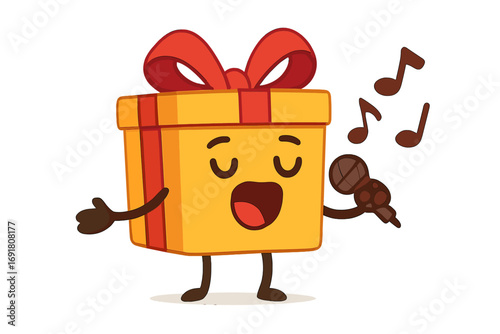 Singing gift box character with microphone. Cute present mascot singing a song for birthday, christmas or holiday celebration. Vector cartoon illustration for karaoke or music event.