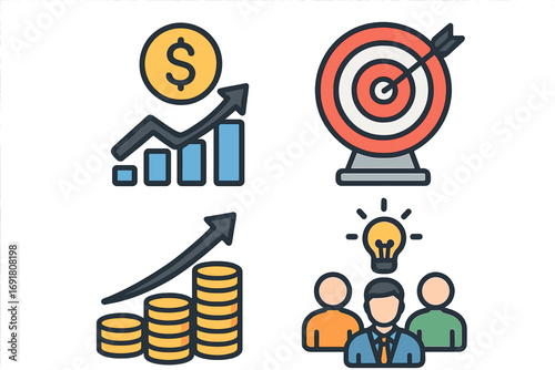 Business growth strategy icon set. Financial success, profit increase, investment return. Target goal achievement. Teamwork, innovation, brainstorming idea vector icons.