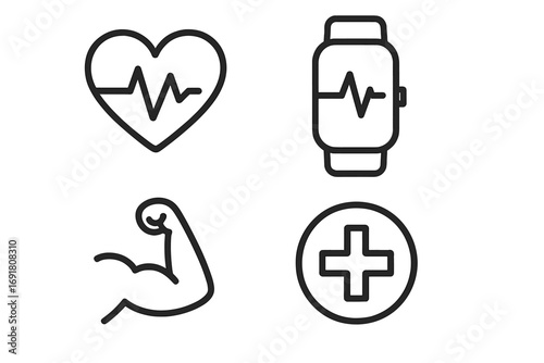 Health and fitness icon set. Heartbeat, cardio, pulse rate on smartwatch tracker. Strong muscle arm and medical cross symbol. Line art vector for workout and gym app design.