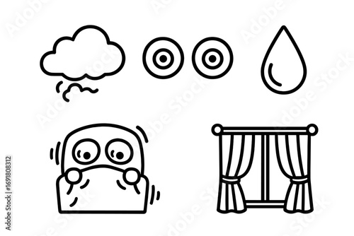 Nightmare and fear icon set. Vector outline illustration of anxiety, phobia, and bad dreams. Includes scared person under blanket, wide eyes, sweat drop, and dark cloud.