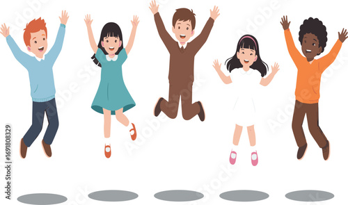 Cartoon children jumping with joy, playful group activity, happy kids celebration scene, vector illustration, childhood fun, emotional expression design