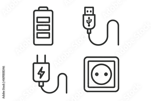 Battery charging and power line icon set. Icons as usb cable, charger adapter plug, and electric wall socket. Editable stroke vector illustration for web and mobile apps.