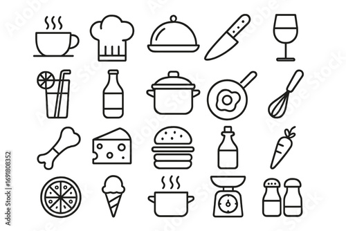Food and cooking line icon set. Kitchen utensils, restaurant menu and chef pictogram collection. Vector outline symbols of coffee, pizza, burger, drink for web and apps.