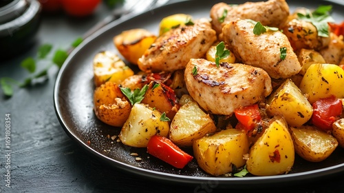 Chicken meat and potatoes on a plate