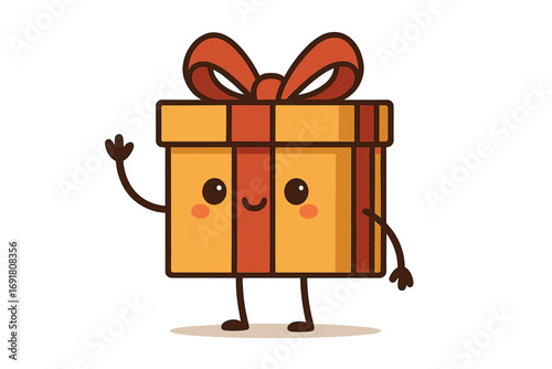 Cute gift box character waving. Kawaii present mascot with a happy smile. Cartoon vector illustration for birthday, Christmas, holiday celebration, and anniversary surprise.