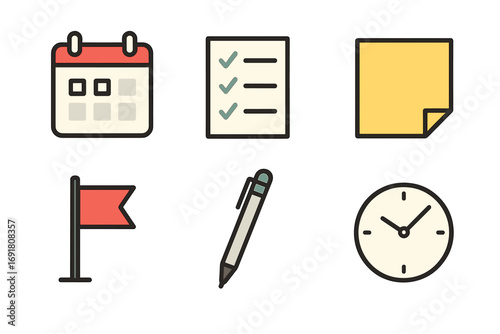 Productivity office icon set. Time management concept. Planning schedule with calendar, checklist, pen. Reminder with sticky note. Deadline clock symbol. Business organization goal flag.