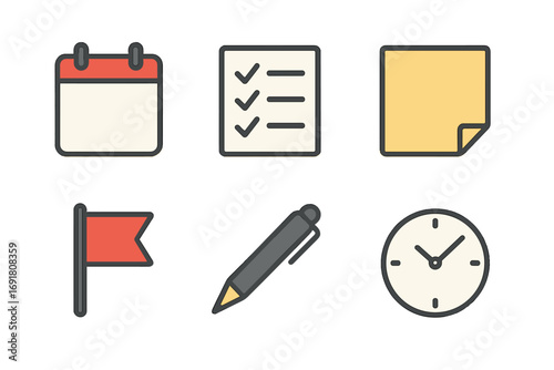 Flat minimalist office icons vector set. Calendar, to-do list, sticky note, flag pin, pen, clock. Business organization, productivity, planning, and time management concept.