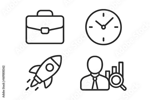 Business management and startup icon set. Thin line vector icons for web and mobile app design. Time management, data analysis, project launch, and career concepts.