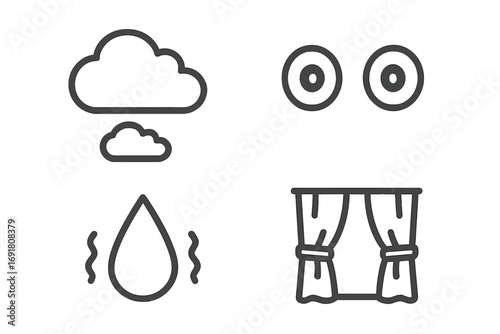 Nightmare and fear outline icon set. Collection of simple vector symbols for insomnia, phobia, anxiety, stress, and panic. Scared eyes, cold sweat, dark thoughts icons.