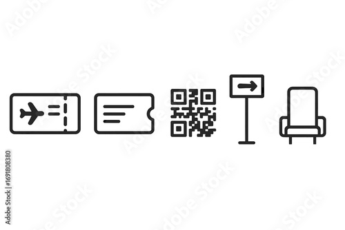 Minimalist icon set for air travel and airport navigation. Vector line art of a flight ticket, boarding pass, QR code, gate sign, and seat number for web and app design.
