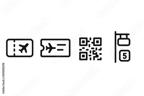 Airport icon set for travel and tourism. Flight ticket, boarding pass, QR code for online check-in, and gate number sign. Minimalist vector line art illustration.