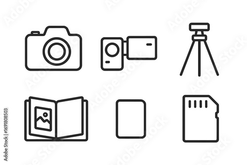 Photography and videography outline icon set. Linear collection of photo equipment. Camera, video camera, tripod, photo album, SD memory card. Vector graphic symbols.