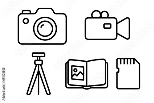 Photography and videography outline icon set. Vector line art of camera, camcorder, tripod, photo album, and memory card. Minimalist symbols for photographer and filmmaker gear.