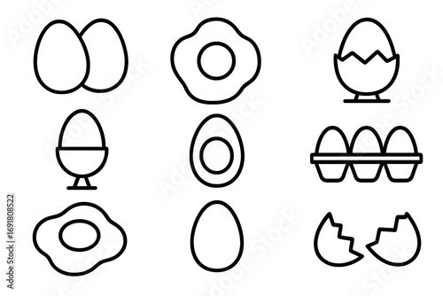 Egg line icon set. Collection of editable stroke vector icons. Fried egg, boiled, broken shell, egg in carton. Food, breakfast, cooking concept for web and apps design.
