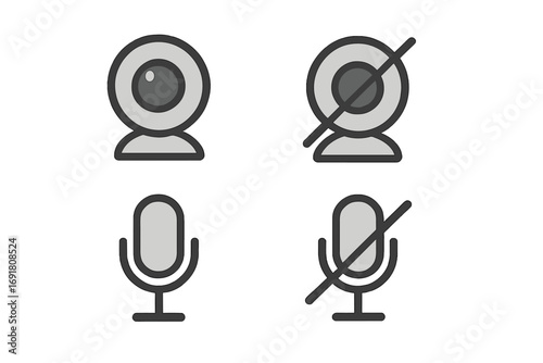 Web conference icons with webcam and microphone. On and off video and audio buttons for online meetings. Vector symbol set for UI design, live streaming, and broadcasts.