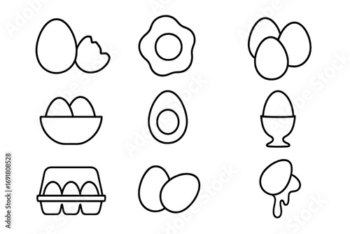 Egg icon set food line icons. Vector collection of breakfast symbols. Fried egg, boiled egg, broken shell, egg carton. Healthy cooking & recipe concept for web, app, menu.