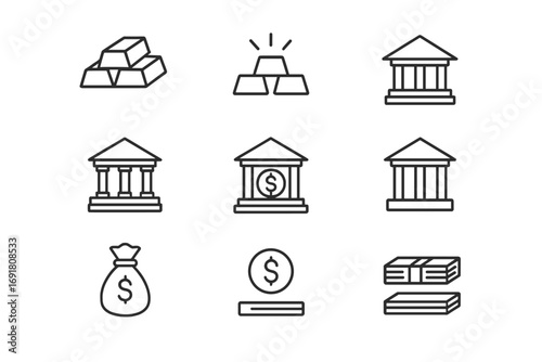 Finance and banking outline icon collection. Includes bank building, gold bars, money bag, dollar coin and banknote symbols. Concepts for wealth, investment, economy, and currency.