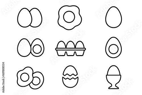 Egg icon set. Food line icons. Breakfast menu concept. Fried egg, boiled, cracked, omelette, egg carton, egg cup. Cooking, recipe, protein. Vector editable stroke symbol.