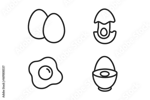 Egg icon set linear style. Vector food icons for breakfast menu. Contains whole, fried, boiled and cracked eggs. Editable stroke for web, apps, and graphic design.