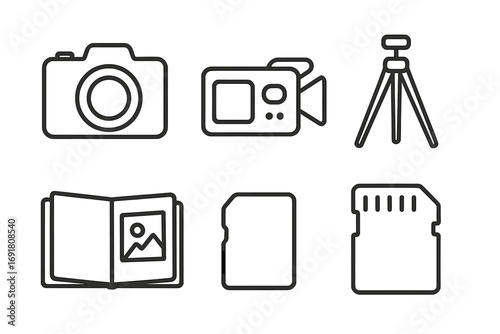 Photography and video outline icon set. Photographer equipment concept. Camera, camcorder, tripod, photo album, memory card vector symbols. Linear pictogram collection for web.