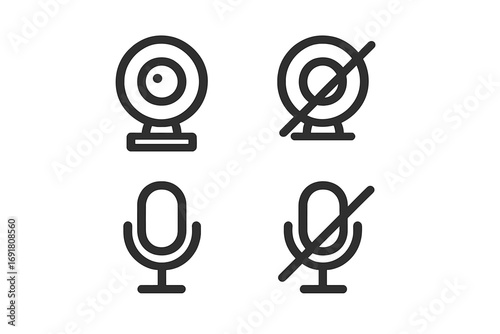 Web conference icon set with webcam and microphone symbols. Vector line art for video call interface. Camera and mic on and off, mute and unmute buttons for UI design.