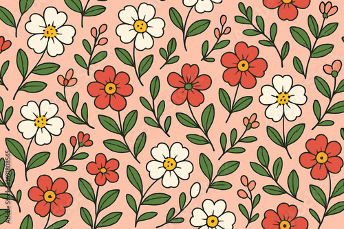 Cute floral seamless pattern. Retro 70s groovy style flowers. Hand drawn vector doodle illustration. Vintage botanical background for fabric print, wallpaper, textile.